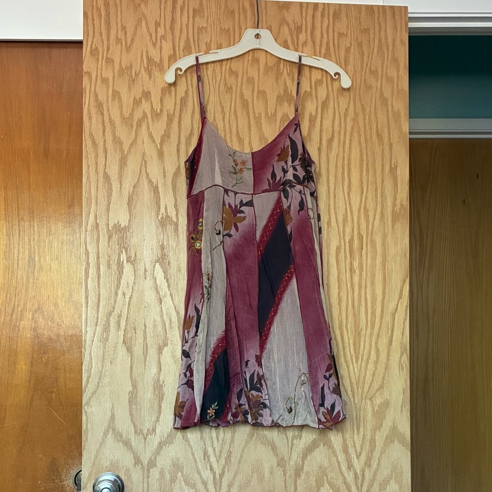 Boho Floral Embroidered Patchwork Silk Dress in Rose and Taupe
